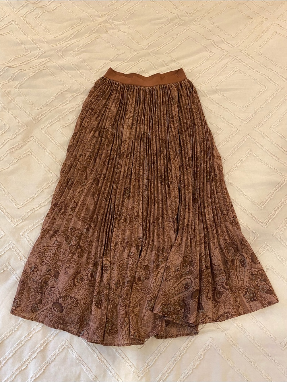 Pleated Brown Paisley Maxi Skirt